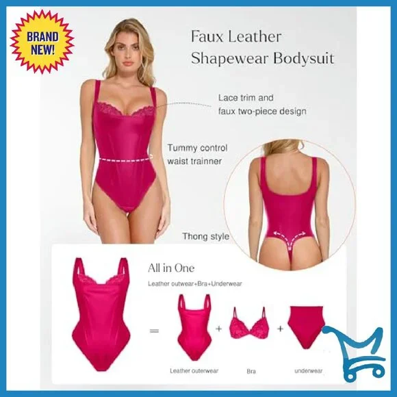 Faux Leather Shapewear Bodysuit Tummy Control Corset Top Lace Underwire
